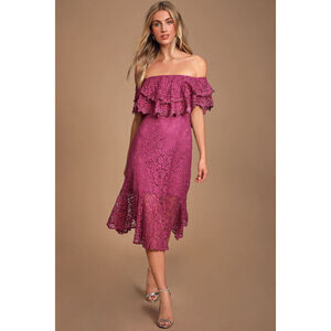 Lulus Jaclyn Magenta Lace Off-the-shoulder Midi Dress - Size M